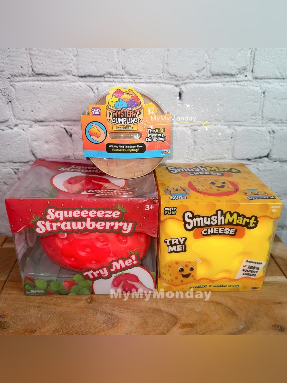 RMS Crazy Fun Dumpling & Jumbo Strawberry Squishy & Cheese Squishy Bundle